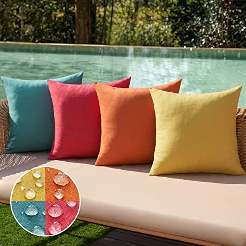 MIULEE Pack of 4 Decorative Outdoor Solid Waterproof Throw Pillow Covers Linen Garden Farmhouse Cushion Cases for Patio Tent Balcony Couch Sofa 18x18 inch Red/Turquoise