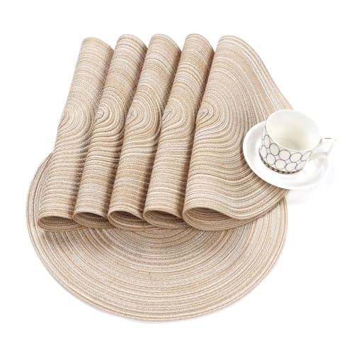 SHACOS 15 inch Round Placemats Set of 6, Cotton Polyester Woven Braided Place Mats, Washable Heat Resistant Non Slip Table Mats for Kitchen Dining Table (Beige, 6) — view 4