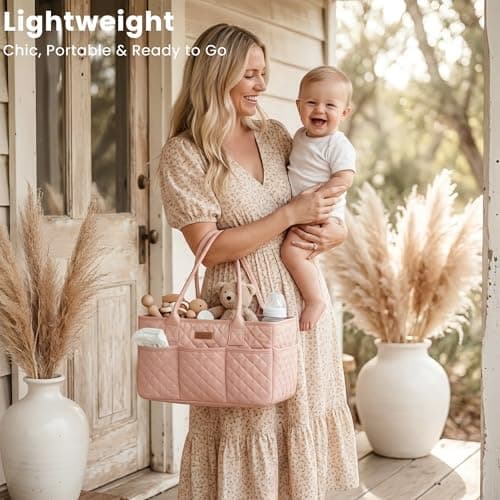 Konssy Quilted Diaper Caddy Organizer, Diaper Caddy Basket with PU Leather Handles, Water-Repellent Nursery Storage Basket, Portable Car Organizer, Registry Search Must Haves (Blush Pink) — view 4