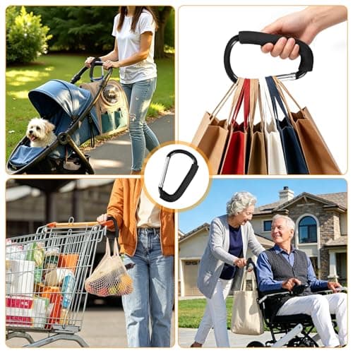 Stroller Hooks 4 Pack, 5.5" Black Baby Stroller Clips for Baby Diaper Bag, Grocery, Purse, Hanging Bags, Mommy Hook Backpack Accessories for Outdoor, Camping and Hiking, Large Carabiner Clip — view 5