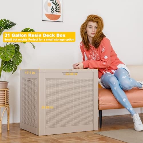 GGYI 31 Gallon Outdoor Storage Box, Waterproof Resin Deck Box with Lockable Lid for Patio Furniture, Pool Accessories, Garden Tools (Brown) — view 2