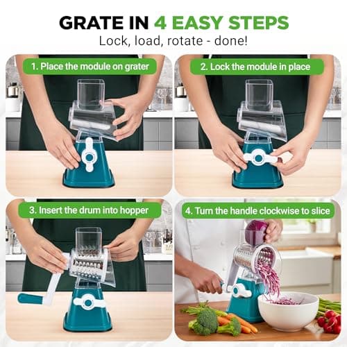 Nutrichef 3 in 1 Cheese Grater & Shredder | Strong Suction Base, Rotary Handle with Safety Lock | Includes Hand Crank & 3 Drum Blades for 3 Textures, Fine, Medium & Strips | Teal