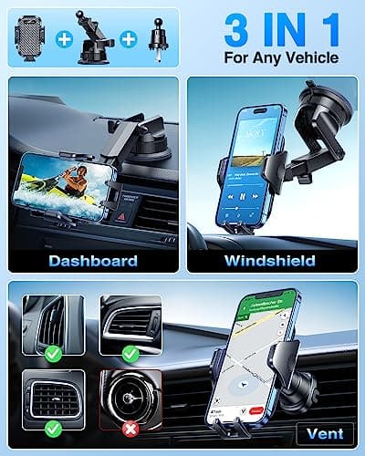 [2026 True Military-Grade] Car Phone Holder VANMASS [Upgraded Strongest Suction & Clip] Cell Phone Mount for Dashboard Windshield Vent Desk, Truck Cradle Stand for iPhone 17 Pro Max 16 15 14 Android — view 3