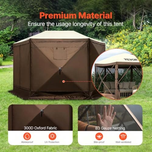 VEVOR Camping Gazebo Tent, 12'x12', 6 Sided Pop-up Canopy Screen Tent for 8 Person Camping, IPX3 Water-Resistant Screen Shelter w/Portable Storage Bag, Ground Stakes, Mesh Windows, Brown & Beige — view 5