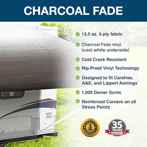 ShadePro - RV Awning Fabric Replacement - Premium Grade Weatherproof Vinyl - Universal Outdoor Canopy for Camper, Trailer, and Motorhome Awnings - Charcoal Fade - 20' (Fabric 19' 2") — view 2