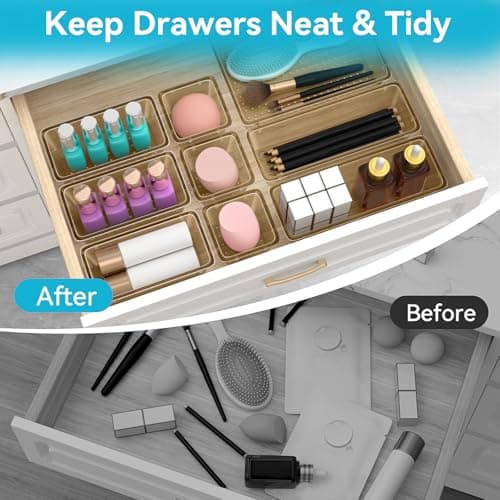 ElegantArray 12 PCS Drawer Organizer Set, 4 Sizes Tool Storage Trays, Clear Plastic Makeup Vanity Organizer and Storage Bins for Stationeries, Multiple Gadgets for Office, Bedroom, Champagne — view 2