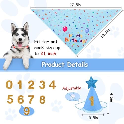 Yicostar Dog Birthday Party Supplies, Dog Birthday Bandana Set, Dog Boy Girl Birthday Party Hat with Numbers for Large Medium Small Dogs Pet (Blue)