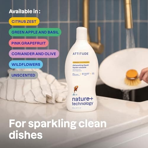 ATTITUDE Dish Soap, EWG Verified, Plant-Based & Vegan Dishwashing Liquid, Naturally Derived, Made in Canada, Citrus Zest Scent, 700 mL