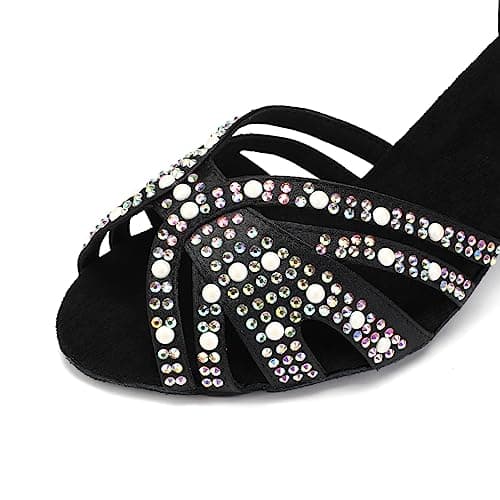 JUODVMP Women's Latin Salsa Dance Shoes Satin with Rhinestones Braided Ballroom Shoes Model L506, L506-black-4" Heel, 7 — view 2