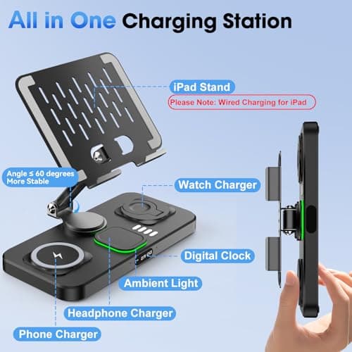 6 in 1 Wireless Charger for Apple Multiple Devices, Charging Station with Clock &7 Color Ambient Light, Foldable Rotate Stand for iPad, for iPhone17/16/15, Support for Apple Watch11/10 For AirPods4 — view 4