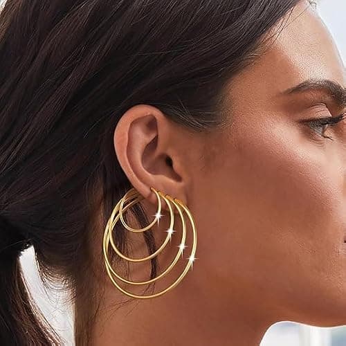 5 Pairs Gold Plated Hoop Earrings for Women, 14K Gold Plated Hypoallergenic Stainless Steel Hoop Earrings Set, Lightweight Large Small Gold Hoops Set