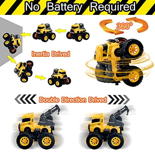 Construction Monster Truck Toys - 4pcs Excavator, Mixer, Crane, Dump Trucks Toy | Push and Go Friction Powered Cars Stunt Vehicles Playset | Kids Birthday Party Favors Gifts for 3+ Year Old Boys Girls — view 3