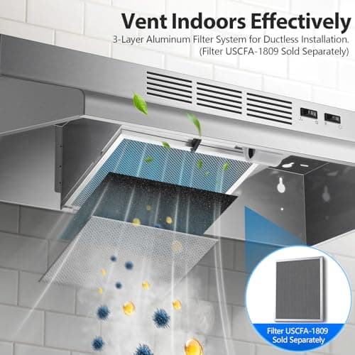 Tieasy 30 inch Range Hood Under Cabinet, 400 CFM Ducted/Ductless Convertible Vent Hood with 2 Speed Exhaust Fan, Rocker Switch Control, Multiple Venting Options, Stainless Steel Kitchen Stove Hood — view 5