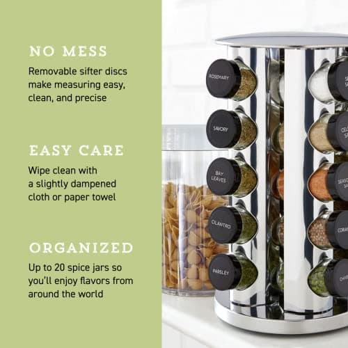 Kamenstein 20 Jar Revolving Countertop Spice Rack with Spices Included, FREE Spice Refills for 5 Years, Polished Stainless Steel with Black Caps, 30020 — view 6