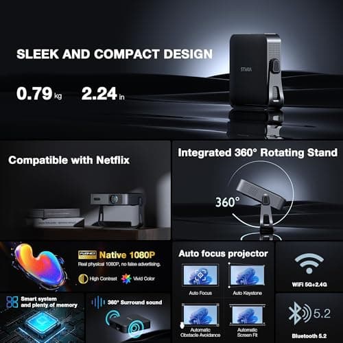 Thinnest 2.24" Smart Mini Projector with WiFi and Bluetooth, Auto Focus & Keystone Portable Outdoor Projector, VOPLLS 4K Support Home Movie Projector