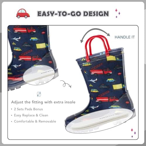 EUXTERPA Kids Toddler Light Up Rain Boots Boys Waterproof Patterns and Glitter Boots with Easy On Handles, Car, Toddler Size 10 — view 4