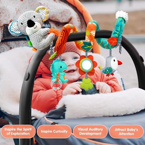 MONSTIME Car Seat Toys for Babies 0-6 Months, Newborn Toys Baby Toys 0-3 Months Stroller Toys, Infant Toys 0-6 Months for Carseat Stroller Crib with Mirror, Rattle, Teether for 0 3 6 9 12 Boys Girls — view 4