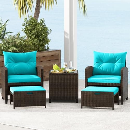 KOTEK 5 Pieces Patio Furniture Set with Ottomans, Wicker Patio Conversation Set with Coffee Table & Cushions, PE Rattan Outdoor Lounge Chairs for Backyard, Porch, Poolside (Mix Brown- Turquoise) — view 7