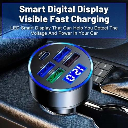 RDRKR 120W 5-Port Car Charger with PD Fast Charging & LED Voltage Display – USB C Cigarette Lighter Adapter (4 USB + 1 PD) for iPhone, Android & Multiple Devices — view 3