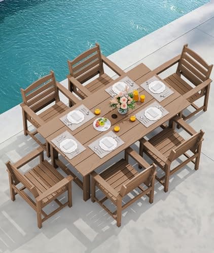 SERWALL 8-Piece Patio Dining Sets with 15FT Double Side Patio Umbrella, Outdoor HDPE Dining Furniture Set with Umbrella Hole Cut-Out Table and 6 Chairs, Brown（Umbreall Base not Included） — view 8