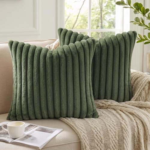 Pallene Faux Fur Plush Throw Pillow Covers 18x18 Set of 2, Luxury Soft Fluffy Striped Decorative Pillow Covers for Sofa, Couch, Living Room, Olive Green — view 3