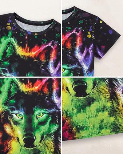 Rynzola Boys 3D Print T-Shirts Girls Summer Colorful Design Graphic Tee Kids Crewneck Short Sleeve Causal Tops（Wolf,6-7T） — view 5