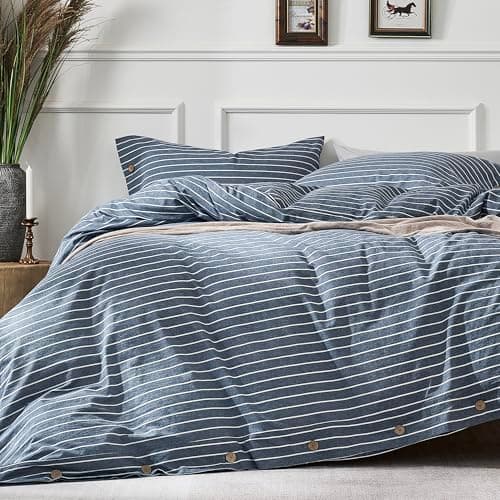 JELLYMONI Pinstriped 100% Washed Cotton Linen Like Duvet Cover Set, 3 Pieces Luxury Soft Bedding Set with Buttons Closure, Blue Stripes Pattern Printed Duvet Cover Twin Size(No Comforter)