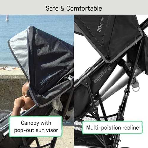 Ingenuity 3D Mini Convenience Stroller – Lightweight Stroller with Compact Fold, Multi-Position Recline, Canopy with Pop Out Sun Visor and More – Umbrella Stroller for Travel and More, Gray — view 3