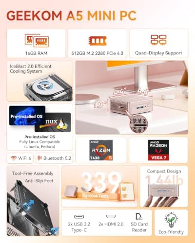 GEEKOM A5 Mini PC, Ryzen 5 7430U, 16GB Dual-Slot Upgradeable RAM, 512GB SSD