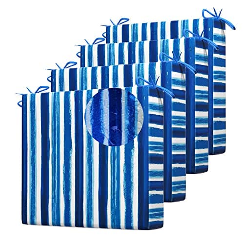 Outdoor Patio Cushions17 X 17" Blue Stripes Waterproof Garden Lawn Patio Furniture Chair Cushion Set of 4thicken High Density Sponge Filling for Outdoor Furniture Decorative,4Rope Fixed Straps