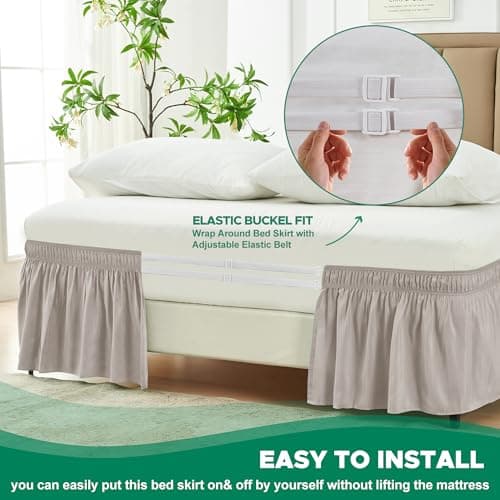 Biscaynebay Wrap Around Bed Skirts for King & Cal King Beds Short Drop of 12", Camel Grey Adjustable Elastic Dust Ruffles Easy Fit Wrinkle Resistant Silky Luxurious Fabric Machine Washable — view 4