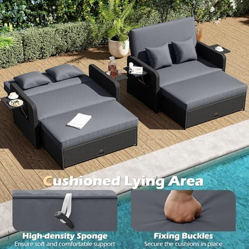 Tangkula Patio Rattan Daybed with 4-Level Adjustable Backrest, Outdoor PE Wicker Loveseat with Storage Ottoman & Folding Side Tray, Double Sunbed Lounger for Balcony, Backyard & Poolside (Grey) — view 2