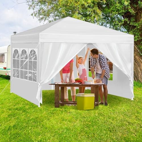 Teabelle 10x10 FT Party Canopy Tent with 4 Removable Sidewalls, Heavy Duty White Wedding Gazebo, Waterproof Outdoor Event Shelter with Portable Steel Poles, Sun Shade for Patio Lawn Garden Yard