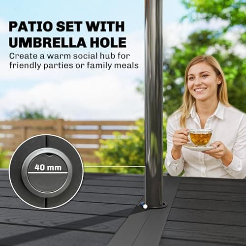 Outsunny 7 Pieces Outdoor Dining Set for 6, Rectangle Wood Effect Metal Patio Table and Mesh Stackable Chairs with Umbrella Hole, Patio Furniture Set for Garden, Yard, Black — view 2
