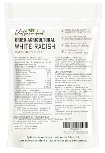 DRIED WHITE RADISH (DAIKON) 5.29 Oz (150g) VIETFARMFOOD: Dried agricultural products with pure natural flavor. Used as cooking ingredients to prepare delicious, nutritious dishes,suitable vegetarians