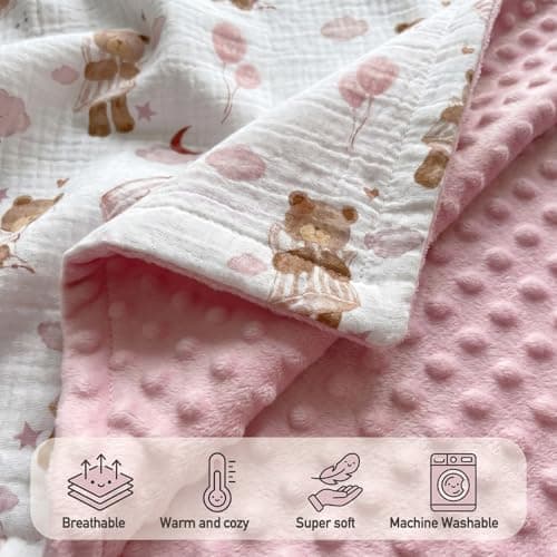 GLLQUEN BABY Blankets for Girls, Soft Muslin Cotton Front Dotted Fleece Backing, Nursery Minky Crib Blanket for Infant Toddler, 30 x 40 inches Throw Blanket, Pink Bear — view 3