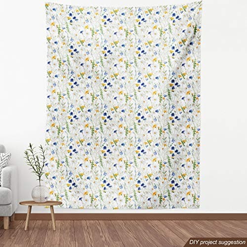 Ambesonne Flower Fabric by The Yard, Wild Flowers Poppies and Daisies Rural Nature Scenery in Meadows Rustic, Decorative Fabric for Upholstery and Home Accents, 2 Yards, Ivory Yellow — view 3