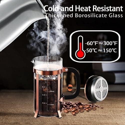 YMMIND French Press Coffee Maker 304 Stainless Steel Coffee Press,with 4 Filters System, Heat Resistant Thickness Borosilicate French Press Glass, BPA-Free Brewed Tea Pot Coffee Plunger(Copper 12oz) — view 2