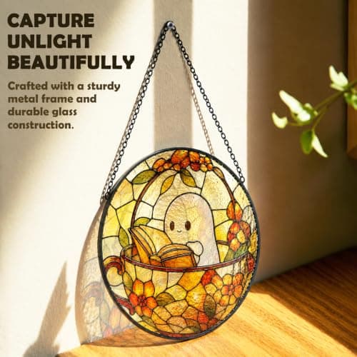 RUKUPA Book Lover Ghost Halloween Stained Glass Window Suncatcher 7.9x7.9 — view 2