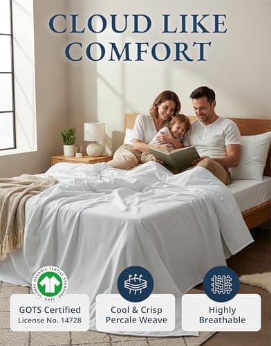 LANE LINEN King Sheets 100% Organic Cotton 4pc Percale Cooling Soft - White