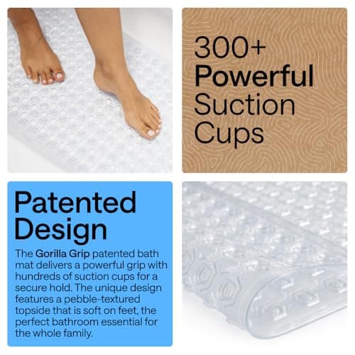 GORILLA GRIP Patented Bath Tub Shower Mat, Machine Washable Bathtub Floor Liner Mats, Suction Cups and Drain Holes to Keep Tubs Clean, Bathroom Essentials, 89x41 cm, Clear — view 2