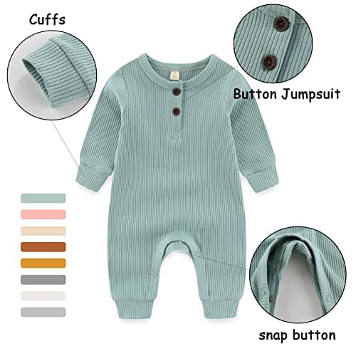 Newborn Baby Boys Girls One Piece Romper With Mitten Cuffs 3 Pack Long Sleeve Ribbed Button Jumpsuit Outfit Clothes green+blue+gray 3 months — view 4