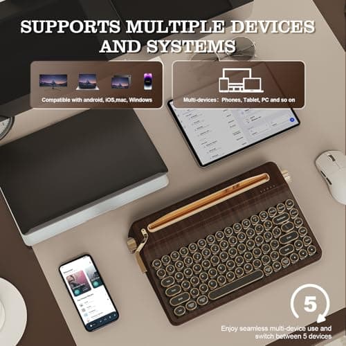 YUNZII QL75 Wireless Typewriter Hot Swap Retro Mechanical Keyboard,Punk Round Keycaps,RGB Backlit QMK/VIA Programmable, Multi-Device Keyboard with 2.4GHz/Type-C/BT5.0 (Wood, Cocoa Cream V2 Switch) — view 4