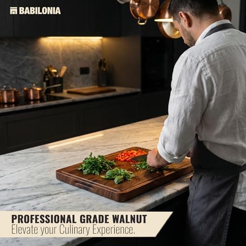 Babilonia Walnut Cutting Board, Professional and Heavy Duty Non Toxic Wood Chopping Board, Wooden Charcuterie Boards & Butcher Block with Handles (Oil Bottle Included) — view 2