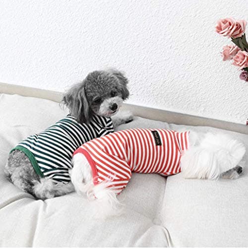 Hdwk&Hped Soft Cotton Dog Pajamas for All Seasons, Striped Pet Bottoming Jumpsuit for Small Dog Cat Puppy (#5, Striped Style - 2-Pack(red&Dark Green)) — view 3