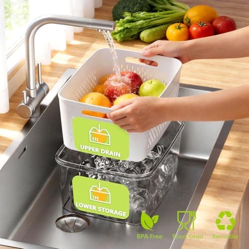 HOMETALL 5 Pack Fruit Storage Containers for Fridge, Plastic Fruit Containers for Fridge with Removable Colanders, Leakproof Fridge Organizers and Storage for Berry Vegetable Salad Lettuce Meat Food