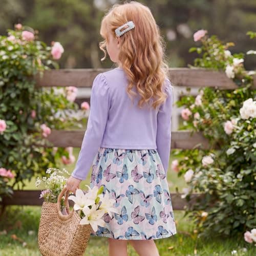 JiAmy Girl Dress and Cardigan 2Pcs Sets Toddler Summer Sleeveless Butterfly Floral Print A-line Dresses with Long Sleeve Coat Kids Casual Clothes for Girls 9-10 Years Purple — view 3