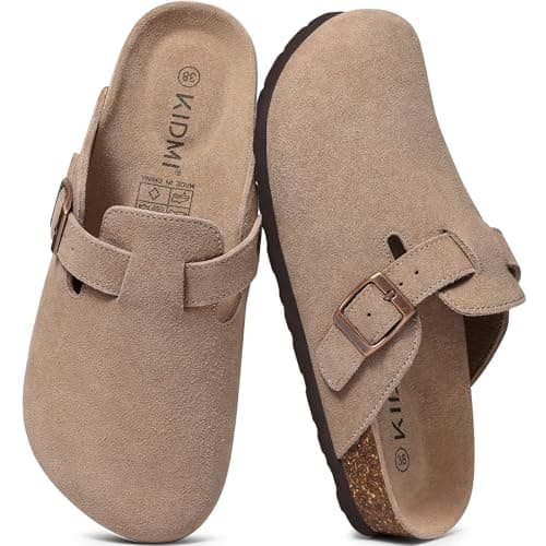 KIDMI Women's Suede Clogs Leather Mules Cork Footbed Sandals Potato Shoes with Arch Support, Taupe 39