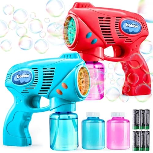 JOYIN 2 Bubble Guns with 2 Bubble Refill Solution (10 oz Total), Bubbles Maker, Blower, Machine Gun Blaster for Kids, Toddlers, Outdoors Activity, Party, Birthday Gift, Easter Bubble Toys (Blue+Red)
