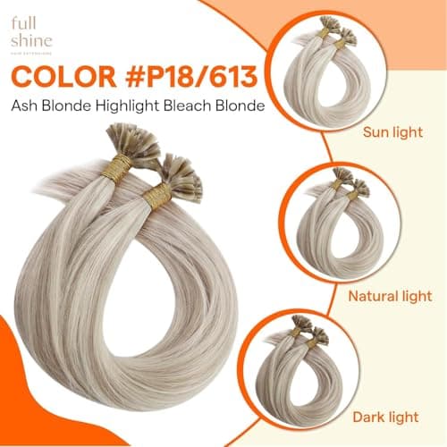 Full Shine K Tip Human Hair Extensions, 18/613 Platinum Blonde with Ash Blonde Highlights, 18 Inch, 50G, Keratin Fusion Prebonded Tip, Frosted Face Frame, Polished Curls, Formal Night, Bachelorette — view 2